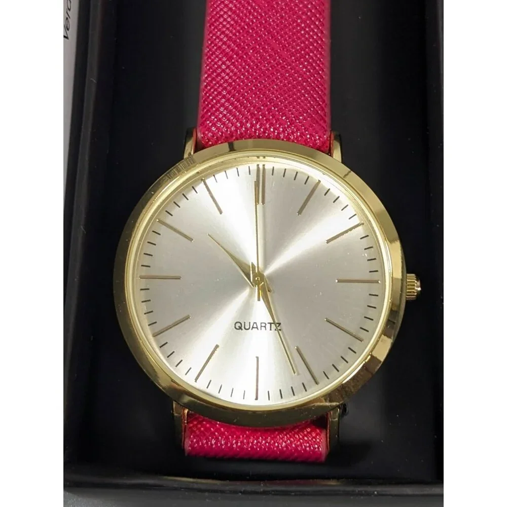 Avon Aurora Strap Watch Pink‎ Faux Leather Textured Gold Tone Classic